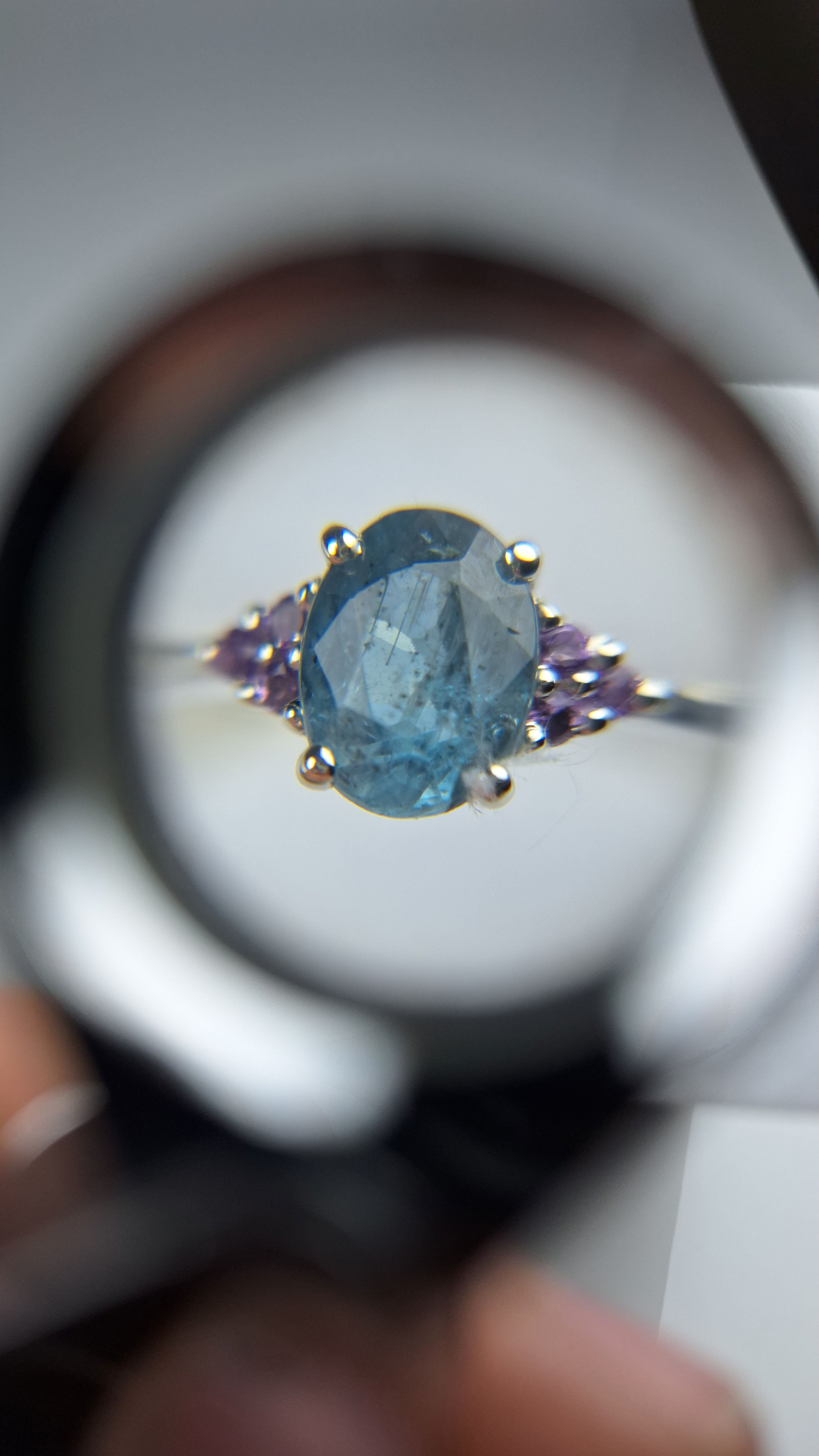 Silver Ring with Oval Teal Kyanite and Amethysts