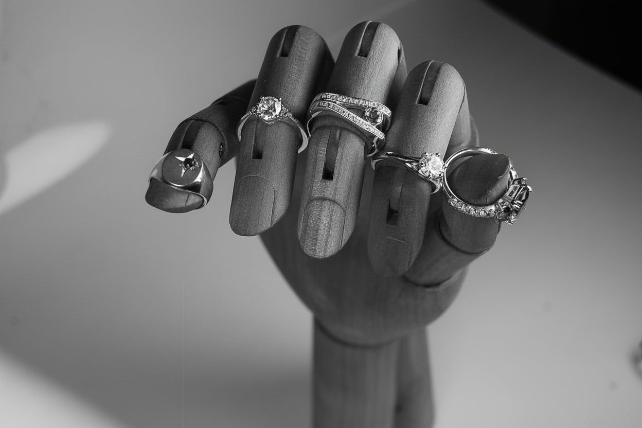 Wooden hand model with rings on a blue background
