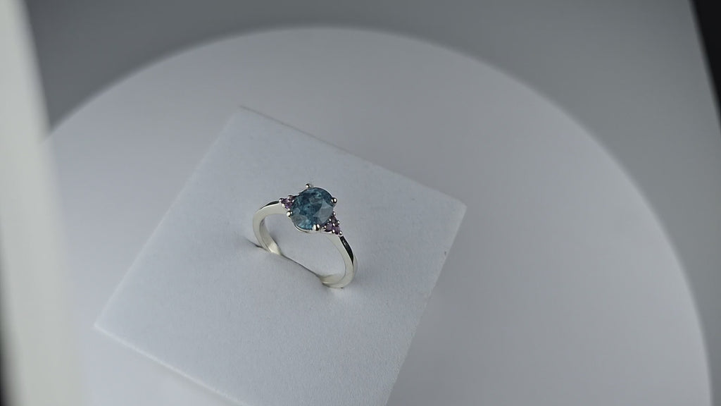 Silver Ring with Oval Teal Kyanite and Amethysts