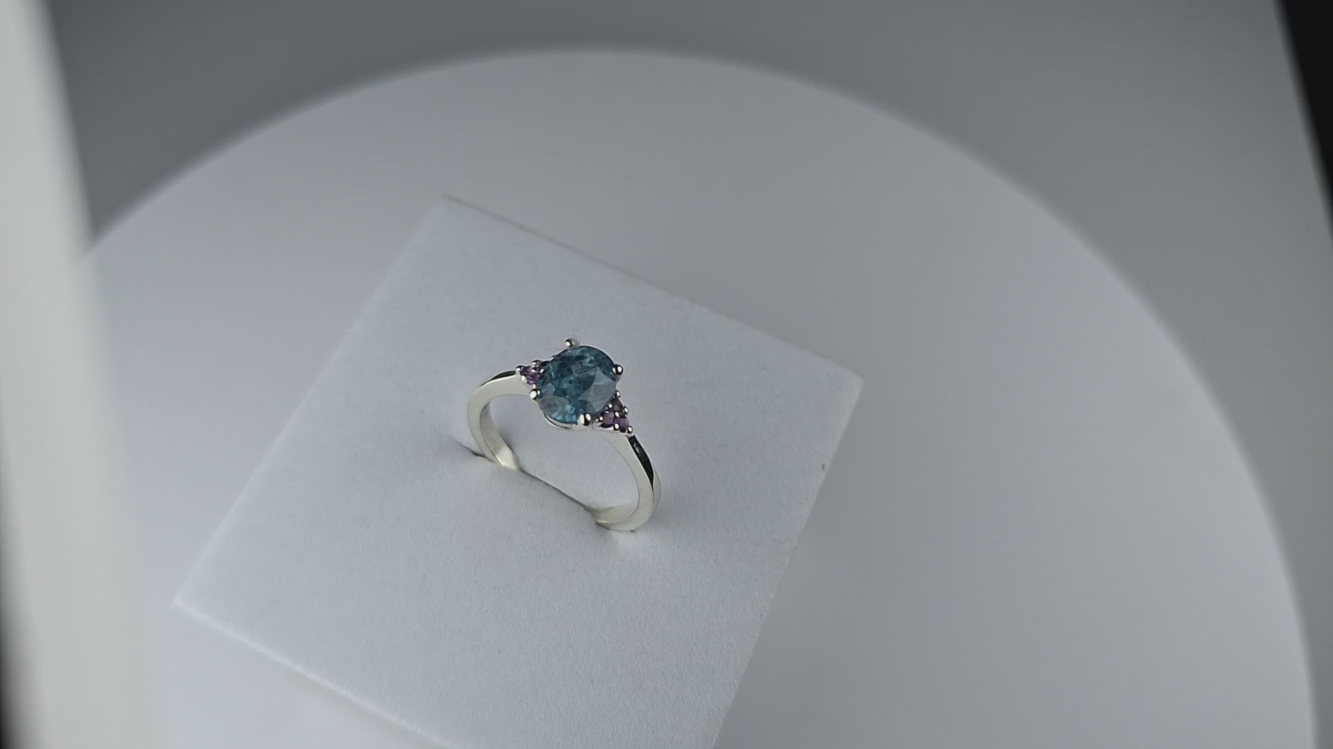 Silver Ring with Oval Teal Kyanite and Amethysts